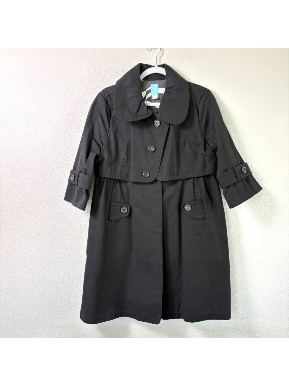 Barneys New York CO OP Trench Coat Womens M Black 3/4 Sleeve Peter Pan Collar